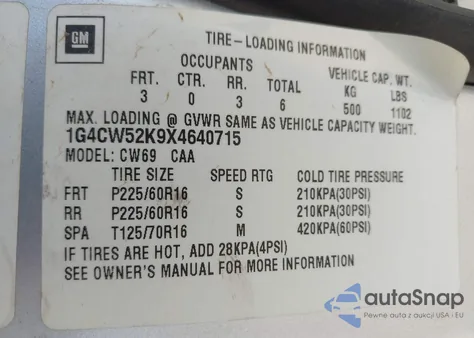 1999 Buick Park Avenue from USA, damaged, VIN 1G4CW52K9X4640715